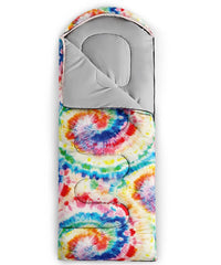 QOOMO tie dye rainbow sleeping bag rolled and closed, highly portable for travel