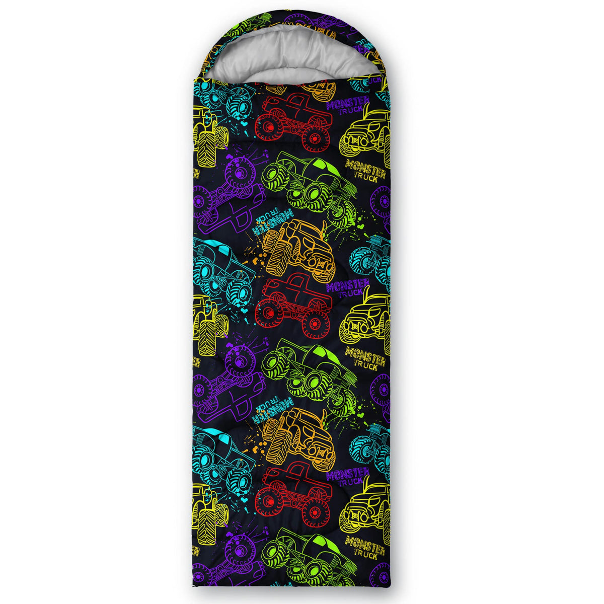 QOOMO truck-printed camping sleeping bag front view shows waterproof shell for outdoor warmth.