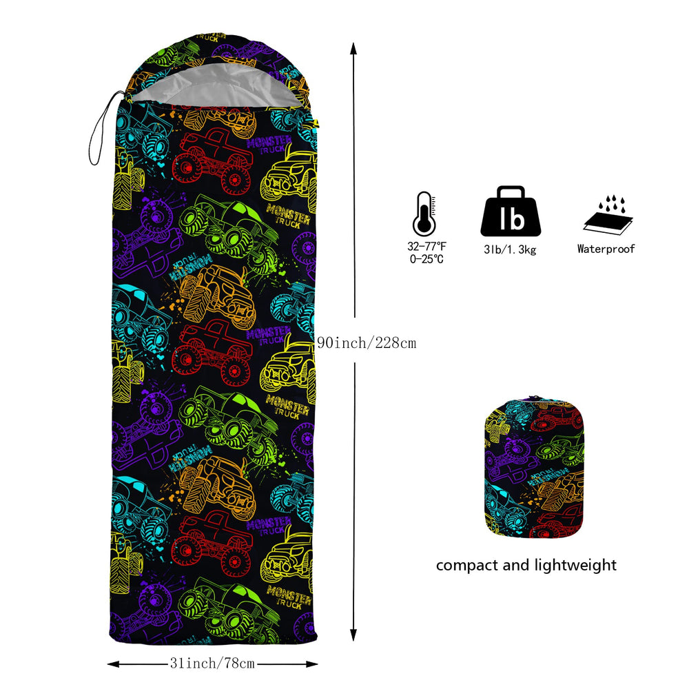 QOOMO truck-printed sleeping bag hood drawstring closeup highlights snug warmth and adjustable fit.