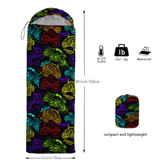 QOOMO truck-printed sleeping bag hood drawstring closeup highlights snug warmth and adjustable fit.