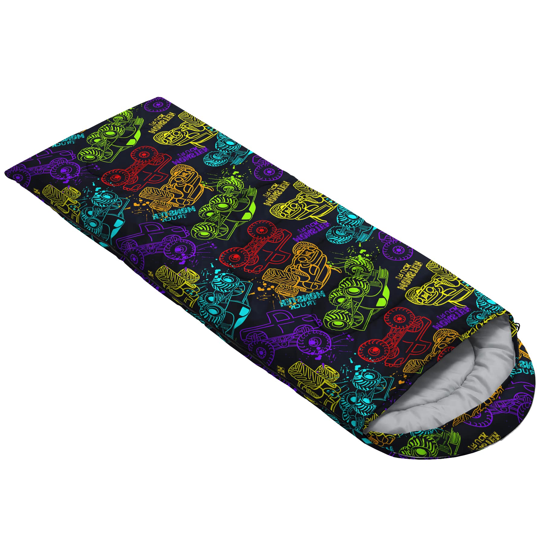 QOOMO truck-printed camping sleeping bag packed view demonstrates compact travel-ready size.