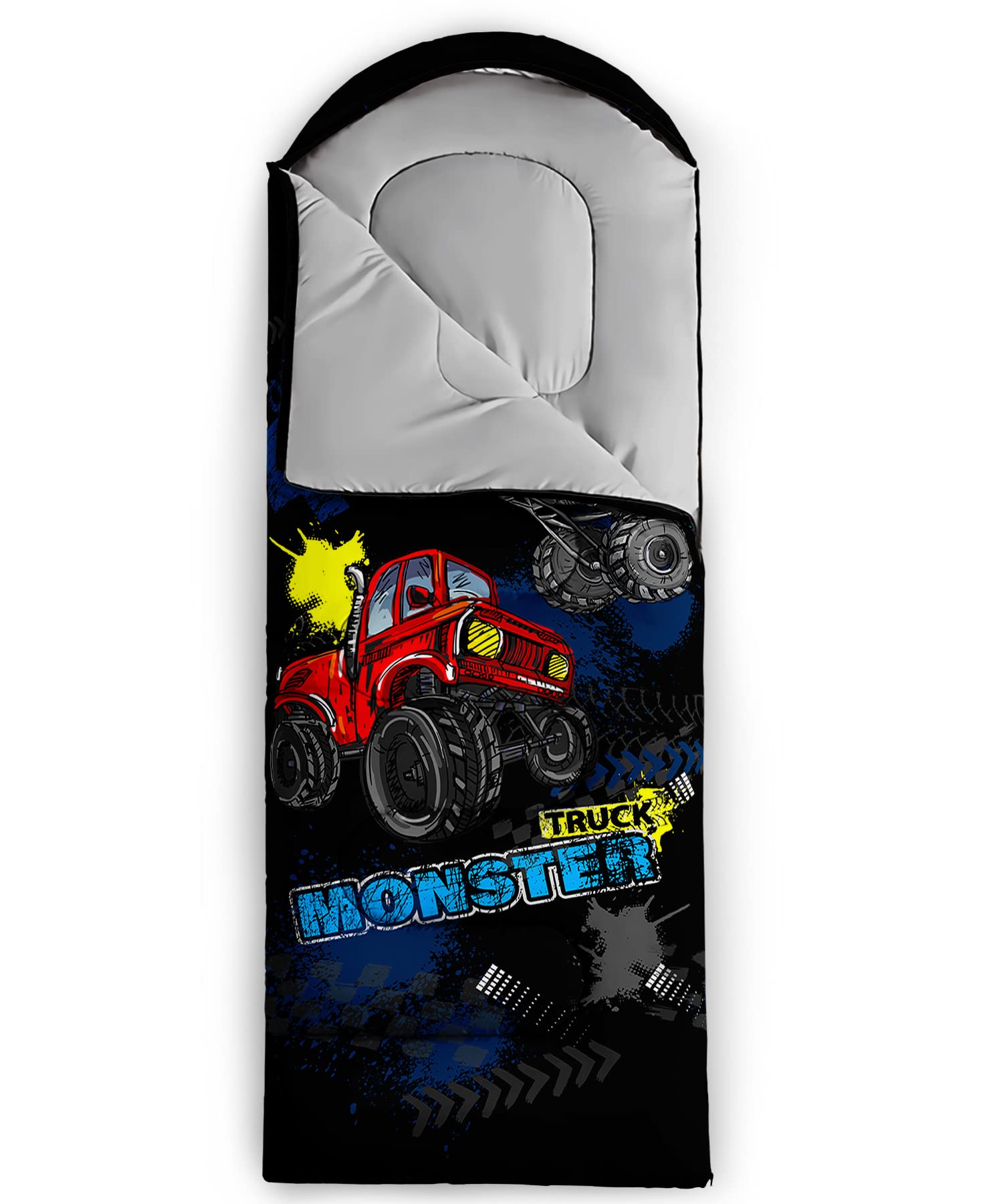 QOOMO truck-printed sleeping bag adult-kid-use ideal for family camping trips.