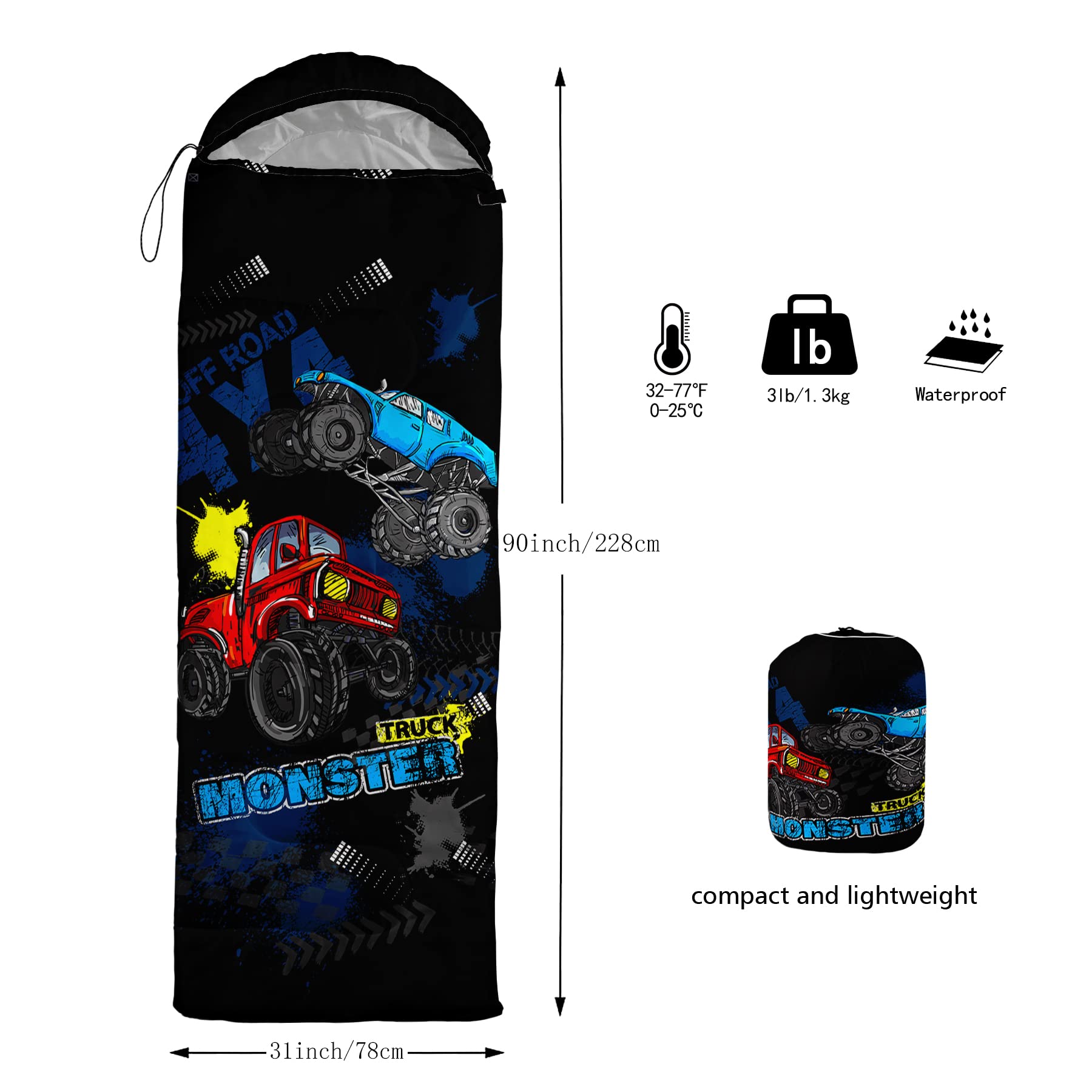 QOOMO truck-printed sleeping bag foot-zip-vent provides adjustable airflow and comfort.