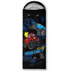 QOOMO truck-printed sleeping bag hood-drawstring keeps you warm on cool nights.