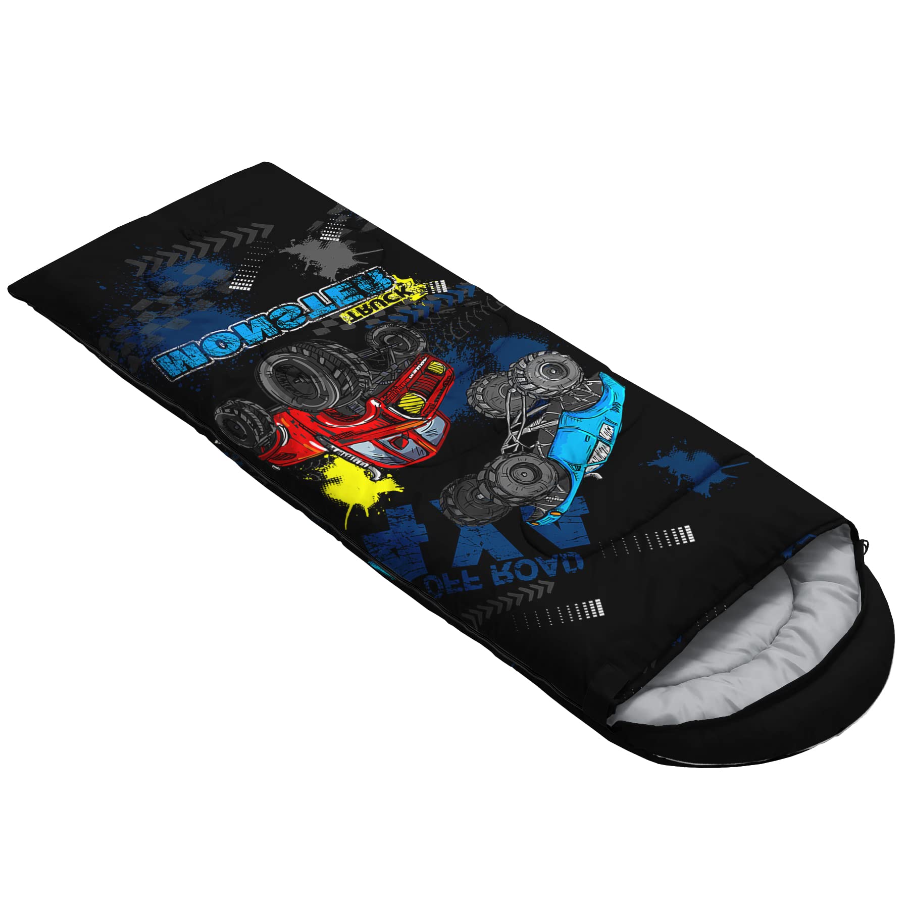 QOOMO truck-printed sleeping bag waterproof-outer keeps you dry in damp conditions.