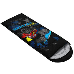 QOOMO truck-printed sleeping bag waterproof-outer keeps you dry in damp conditions.