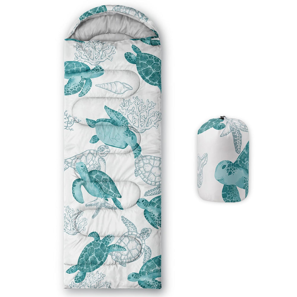 QOOMO Turtles sleeping bag with hood drawstring for added warmth.