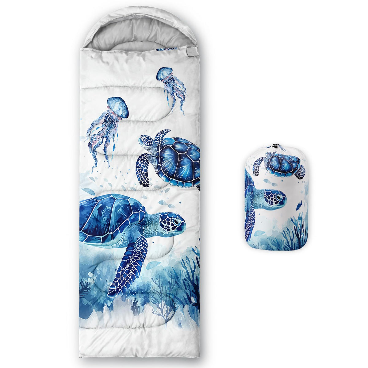 QOOMO Turtles sleeping bag outer view shows waterproof, breathable shell for year-round camping