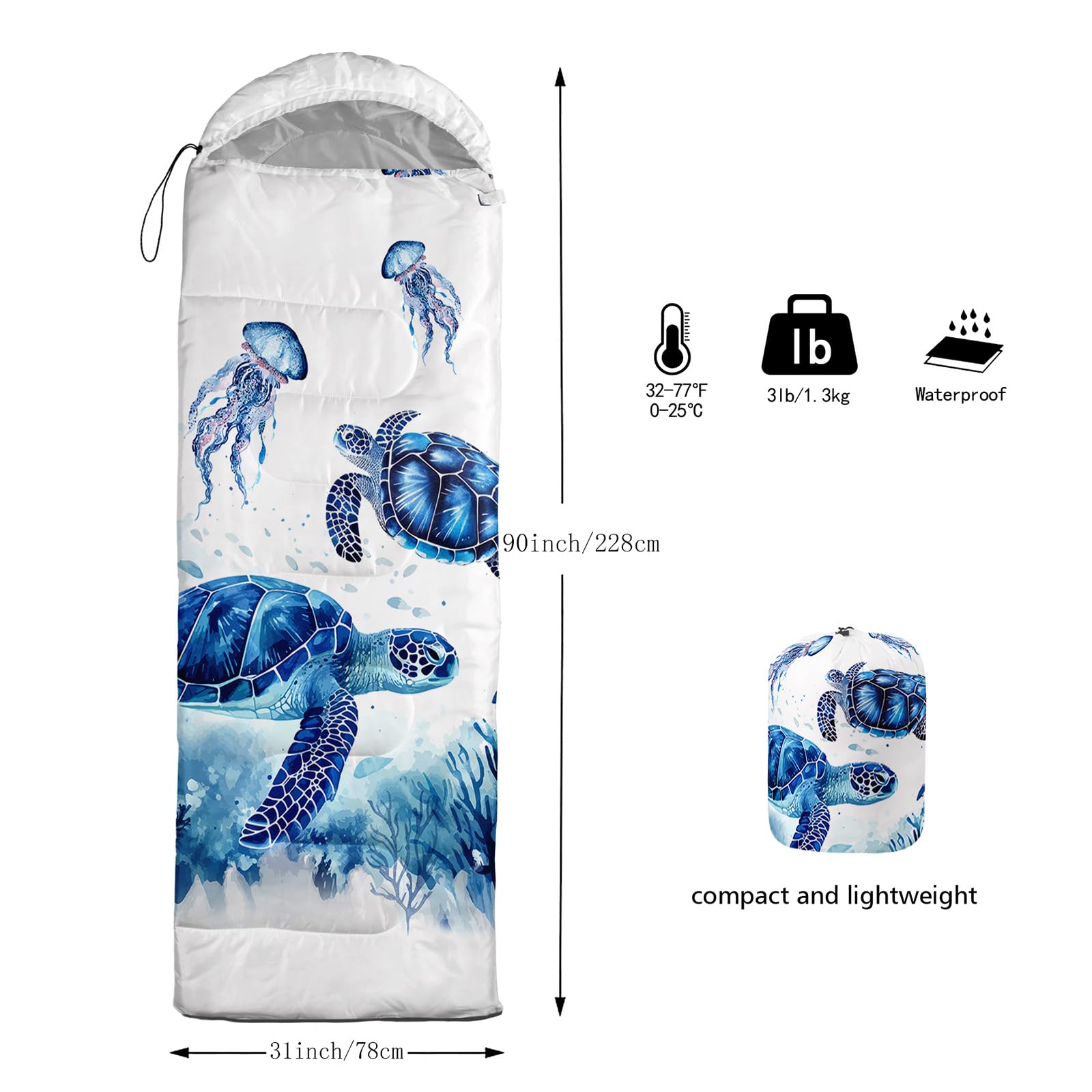 QOOMO Turtles sleeping bag pattern detail features jellyfish print for kids