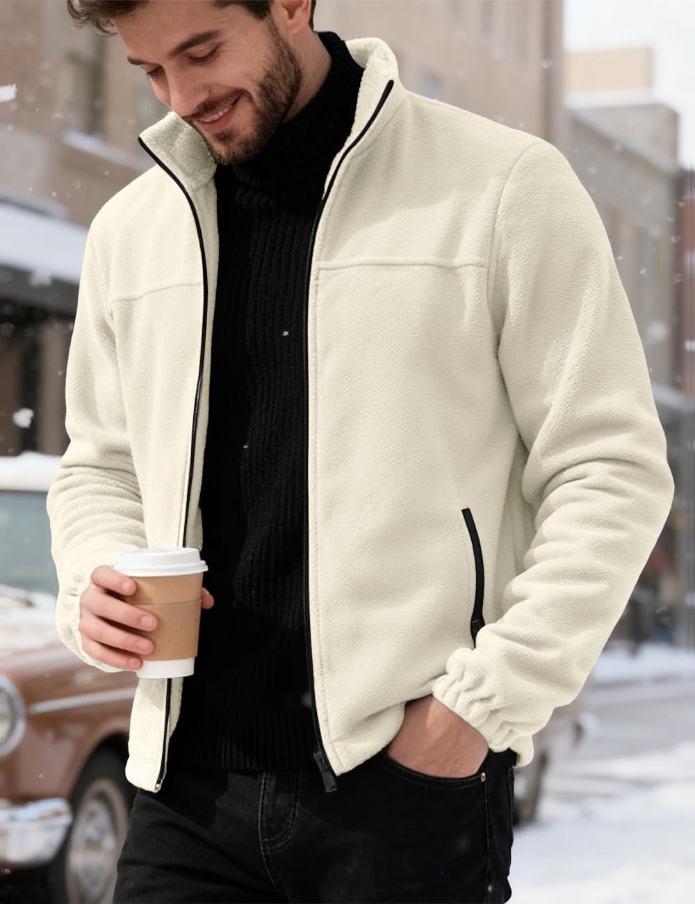 QOSOQ men's polar fleece jacket fabric closeup soft texture.
