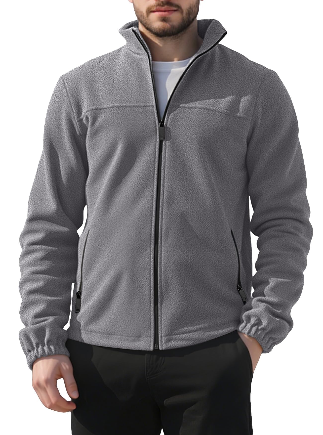 QOSOQ men's polar fleece jacket front view with full zip for easy layering warmth