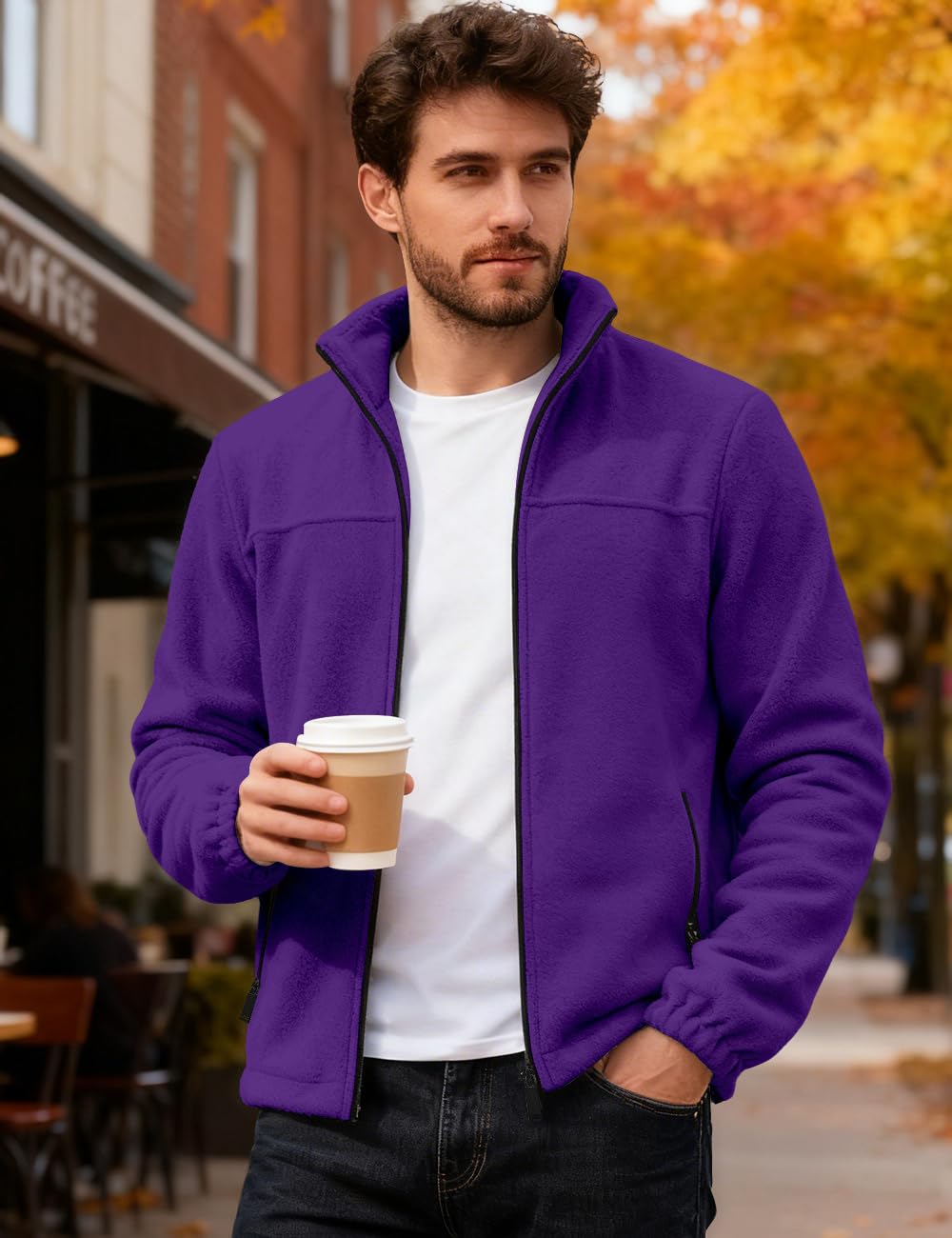 QOSOQ polar fleece jacket full-zip feature visible for easy on-off during outdoor adventures.