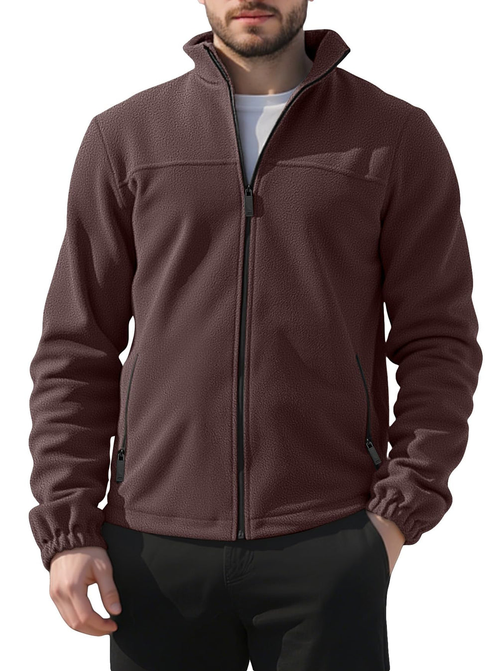 QOSOQ Mens Polar Fleece Jacket full-zip on model showcases lightweight warmth for outdoor wear.