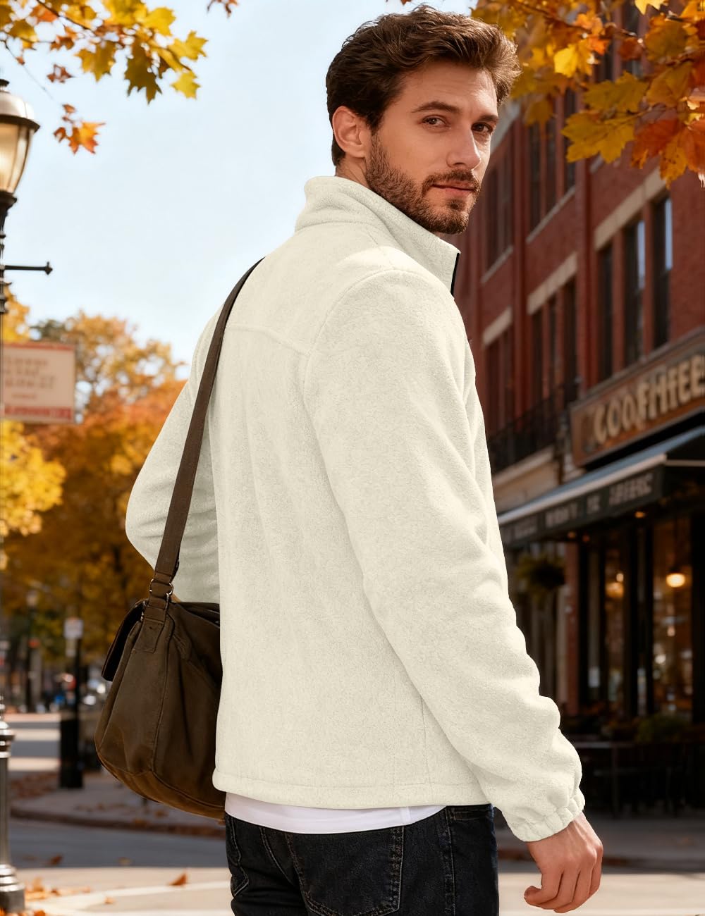 QOSOQ men's polar fleece jacket on hiking trails for outdoors.