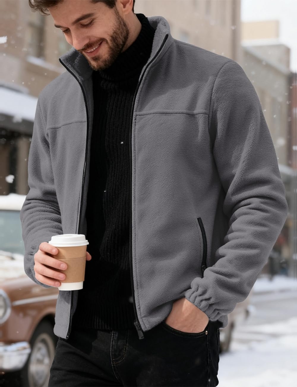 QOSOQ fleece jacket shown in a hiking scene for autumn and winter adventures.