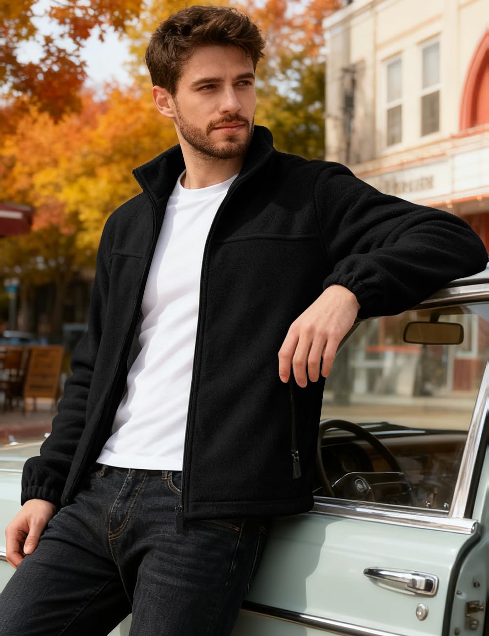 QOSOQ polar fleece jacket soft fabric texture delivers comfortable warmth.