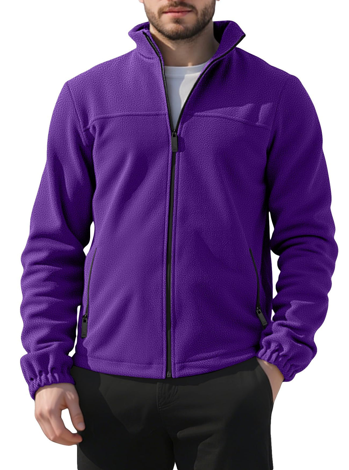 QOSOQ men's polar fleece jacket stand collar close-up for cozy warmth on cool days.