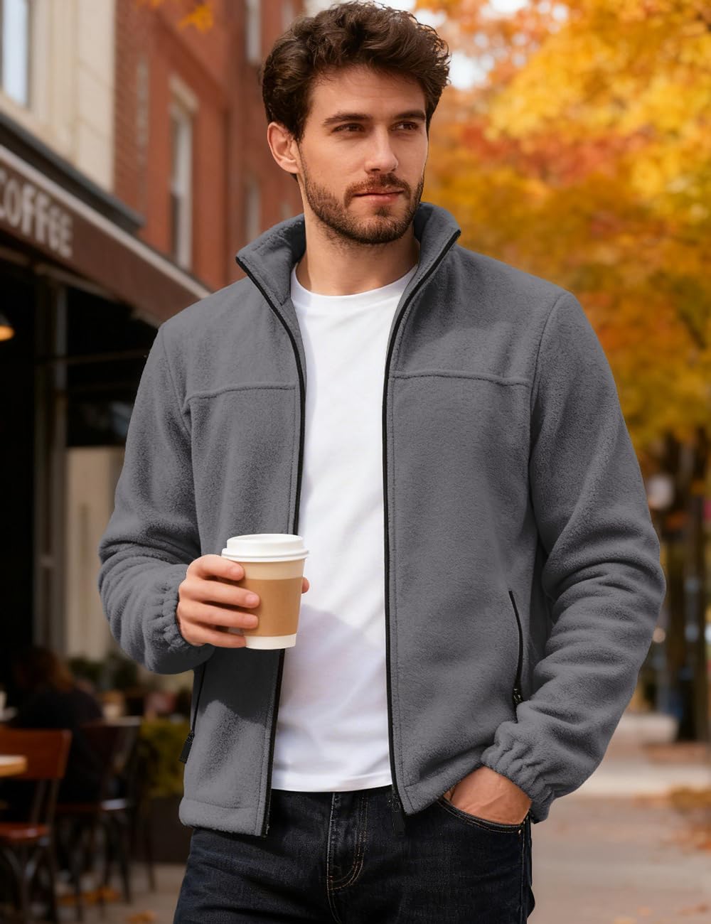 QOSOQ men's polar fleece jacket stand collar detail provides wind protection
