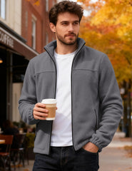 QOSOQ men's polar fleece jacket stand collar detail provides wind protection