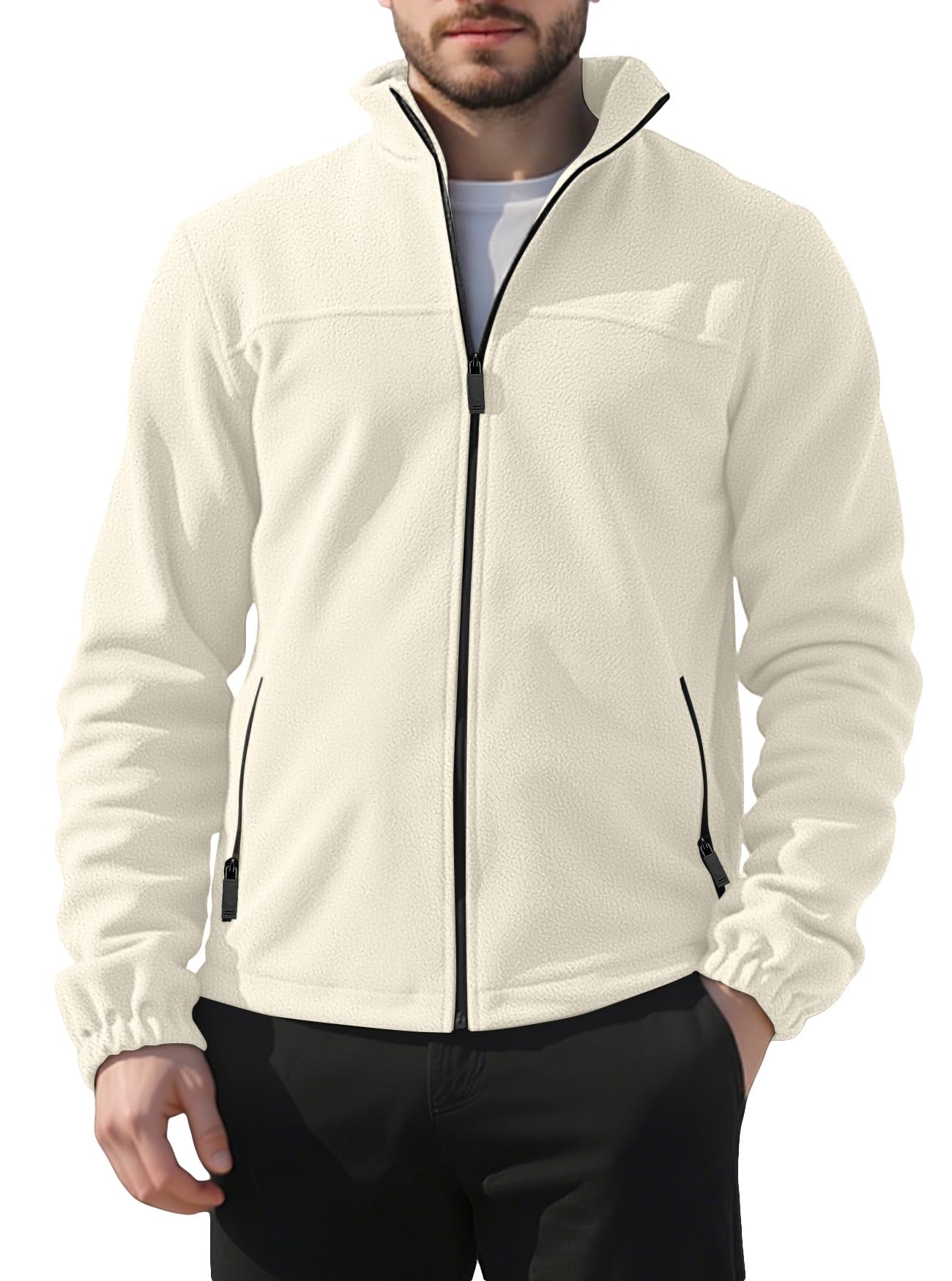 QOSOQ men's polar fleece jacket stand collar provides warm everyday comfort.