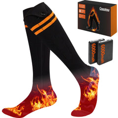 Qsocksy electric heated socks show the 6000mAh battery for all-day warmth during outdoor activities.