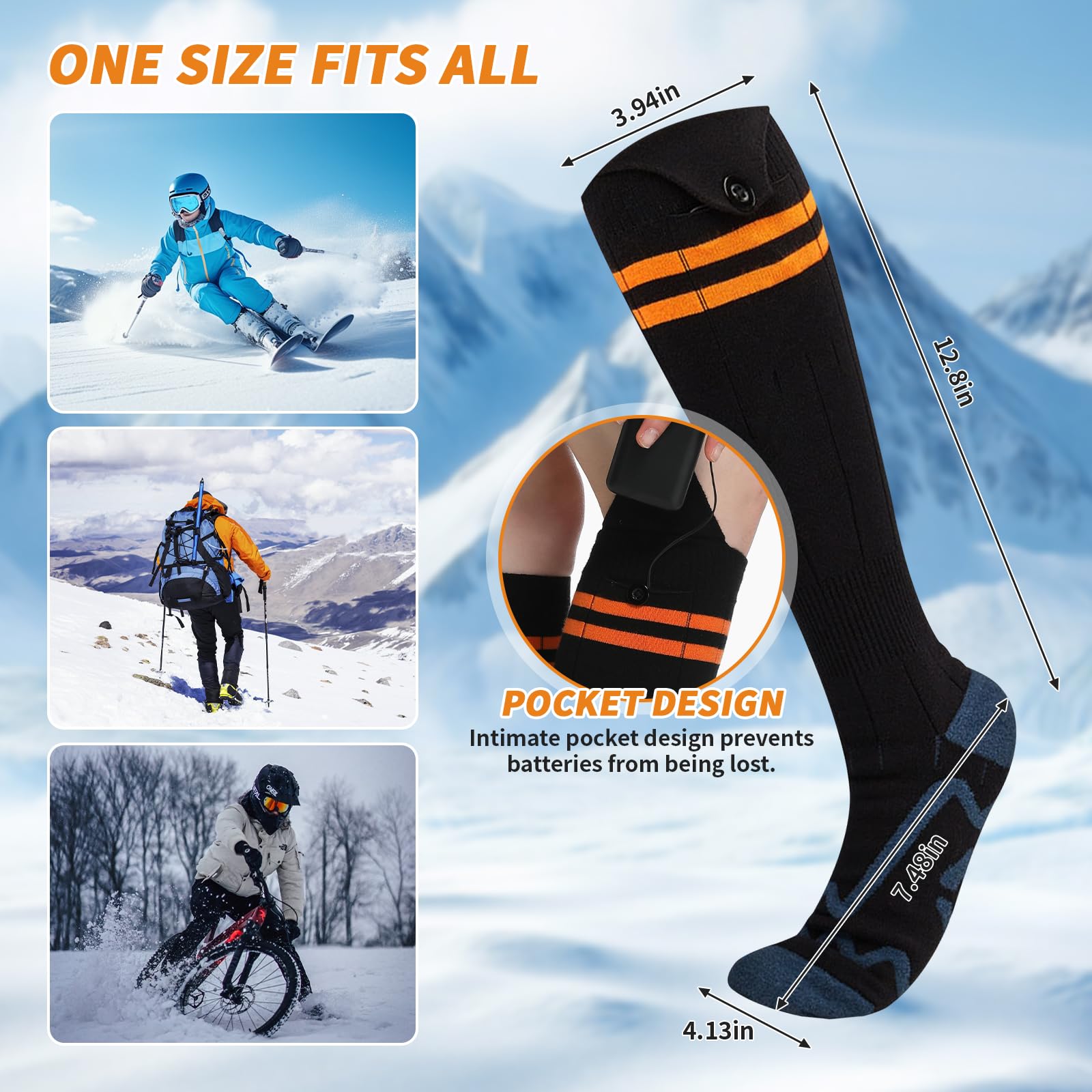 Qsocksy heated socks ideal for skiing, hunting, camping and winter tasks.