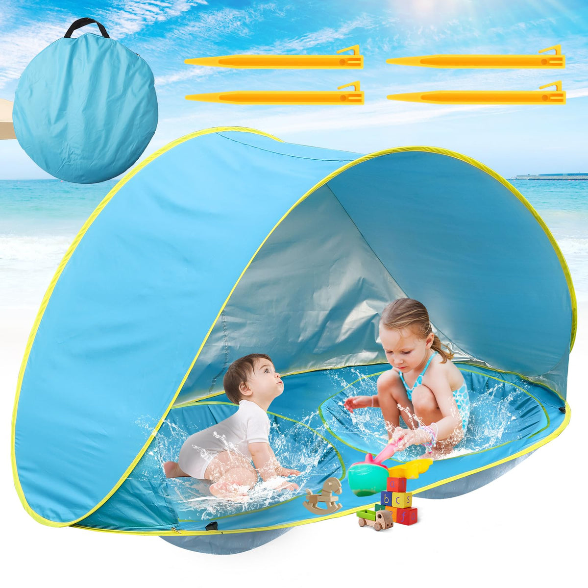 QTREE intelligence baby beach tent open pop-up with two pools for shade and water play