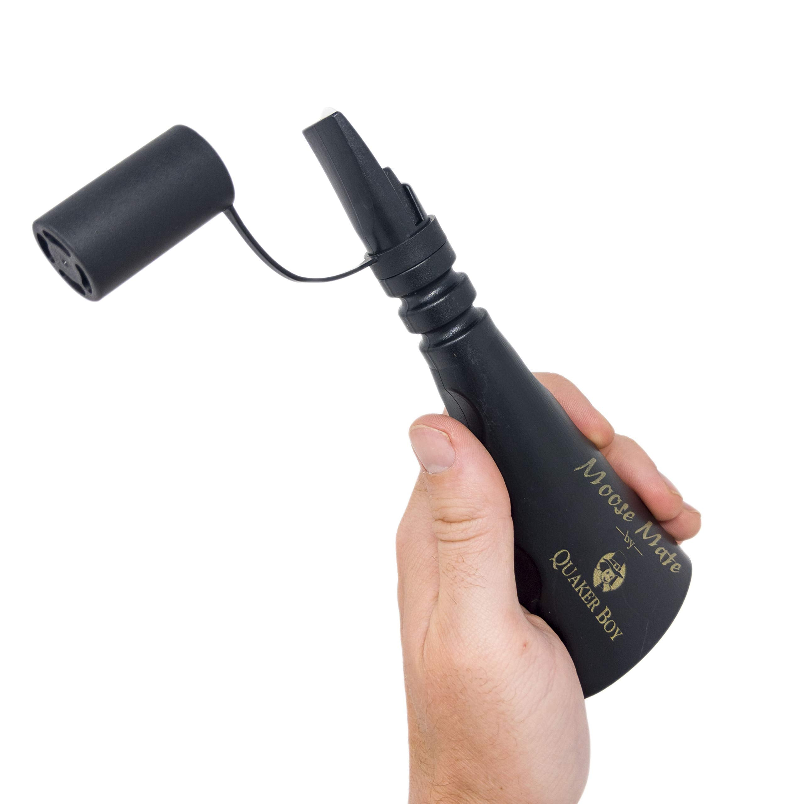 Quaker Boy Moose Mate Moose Call black in use, enhanced volume for clear calls.