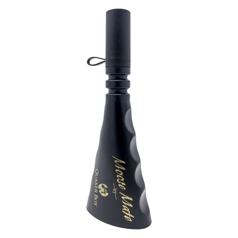 Quaker Boy Moose Mate Moose Call black, packaged view with lanyard included.