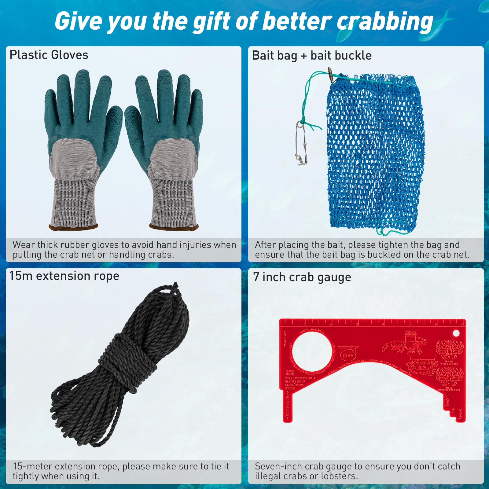 Crabbing gloves, clips and ropes included