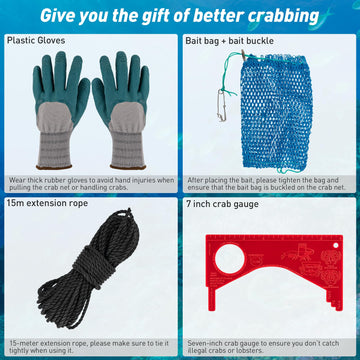Crabbing gloves, clips and ropes included