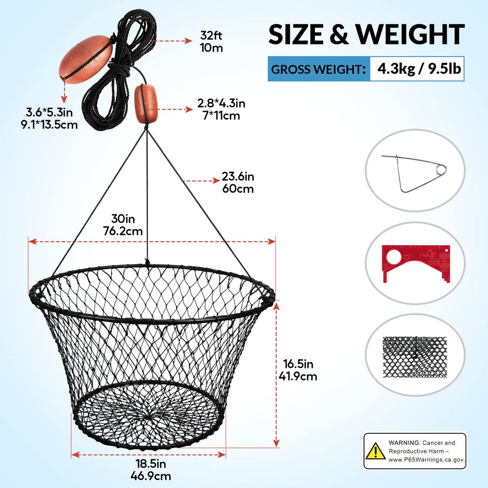 Included accessories: bait bag, bait clip, and crab measuring tool