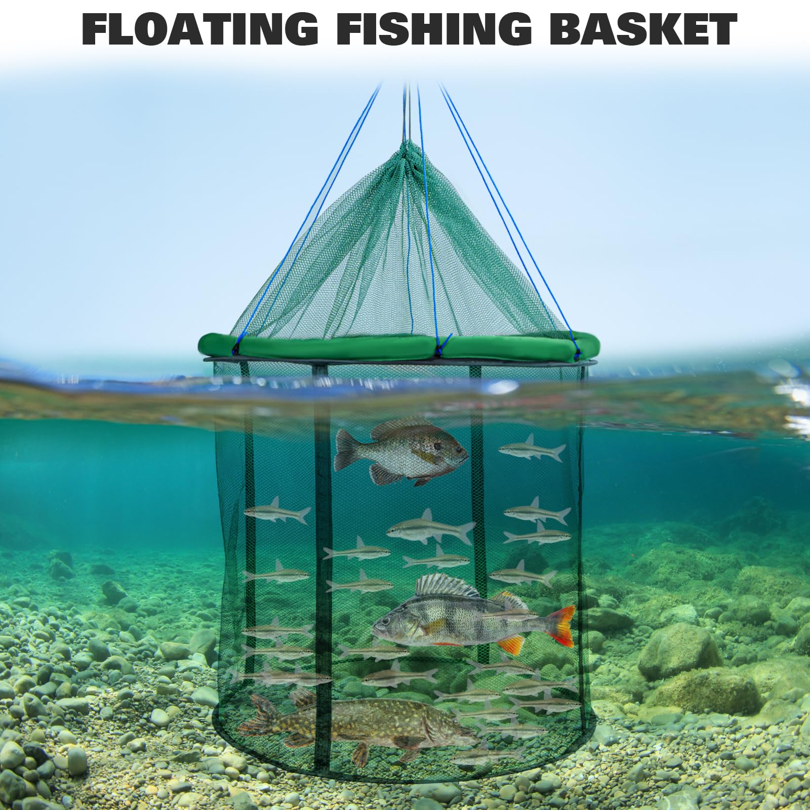 QualyQualy floating basket beside a kayak serves as a live well.