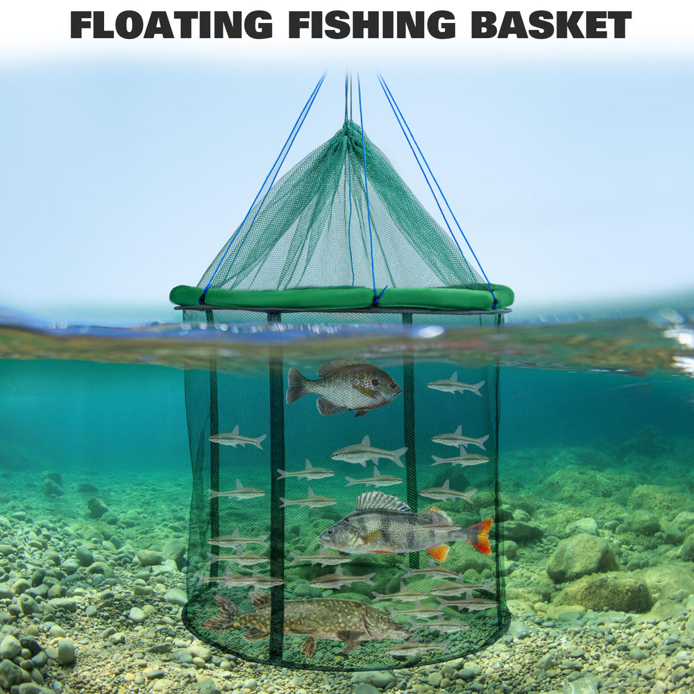 QualyQualy floating basket beside a kayak serves as a live well.