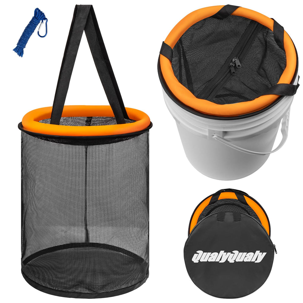 Floating fish basket attached to a 5 gallon bucket for live well use.