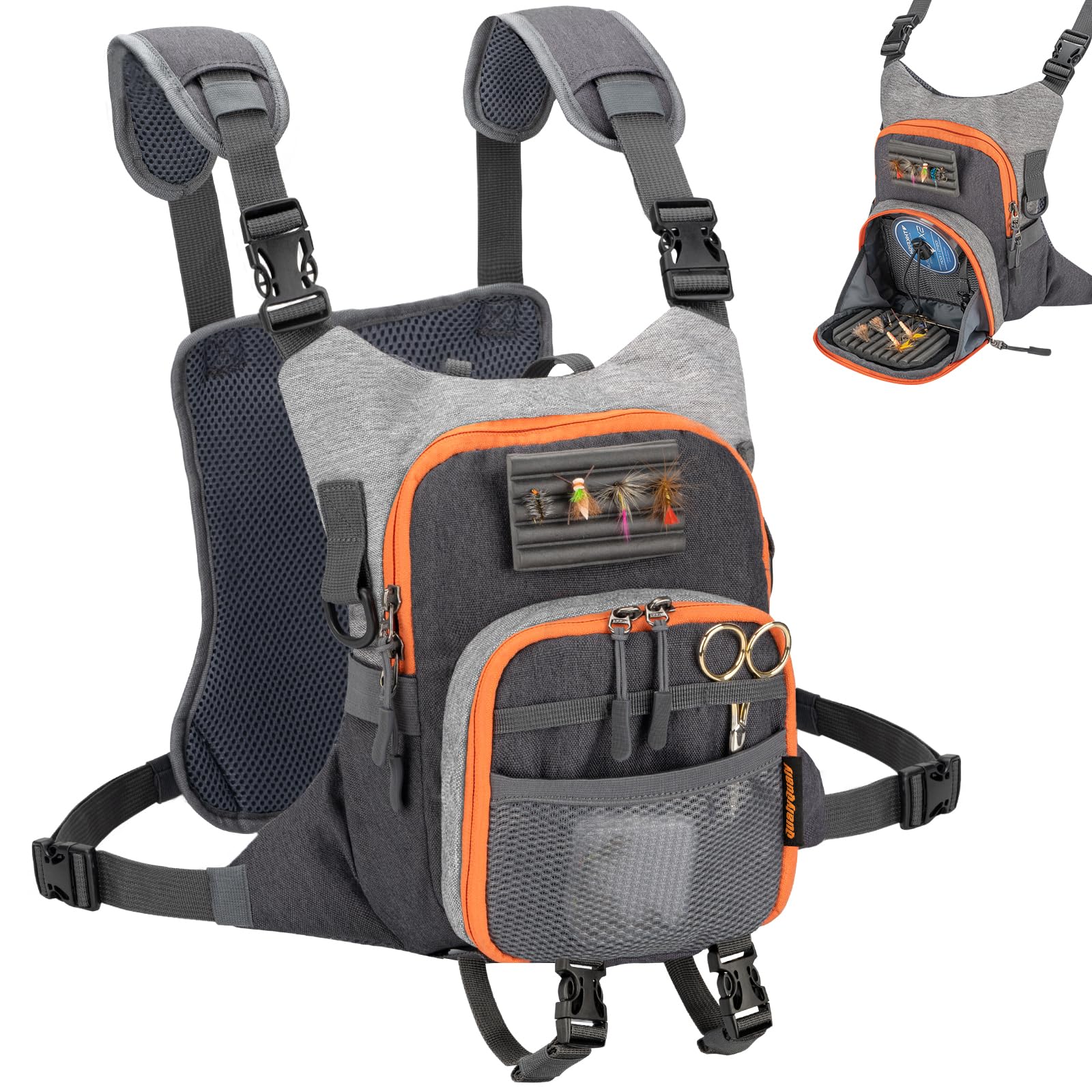 QualyQualy Fly Fishing Pack front view highlights compact chest design for on-water use.