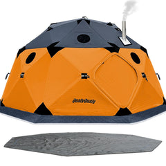 Exterior of QualyQualy ice fishing tent in orange with floor