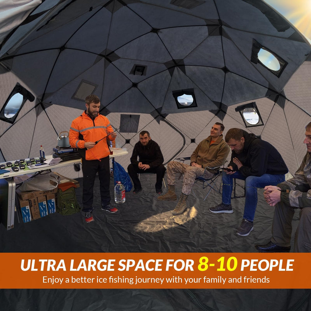 Interior view showing spacious 147 sq ft setup for 8-10 anglers