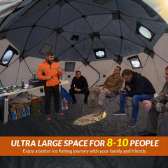 Interior view showing spacious 147 sq ft setup for 8-10 anglers
