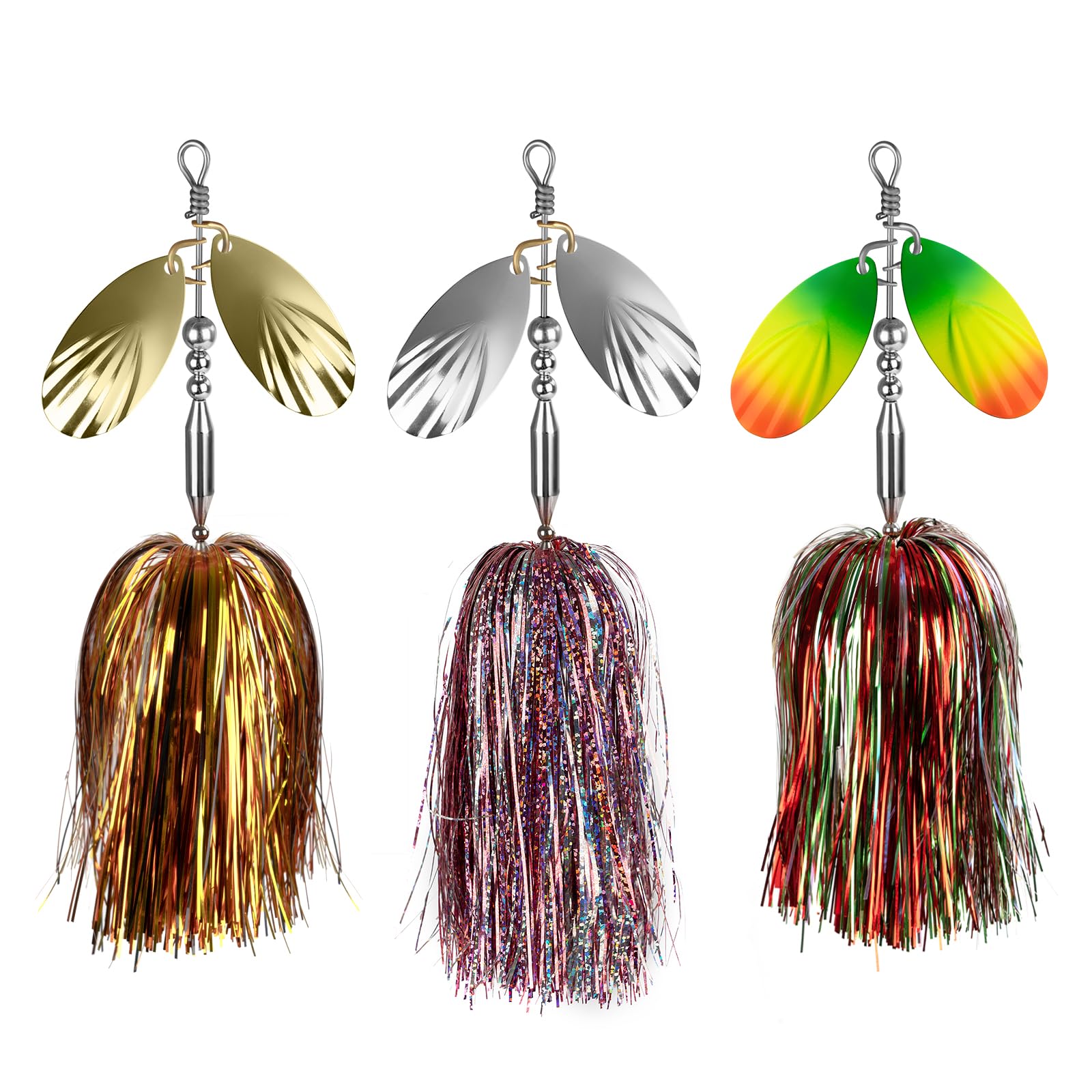 QualyQualy spinner bait double brass blades closeup shows anti-rust hardware.