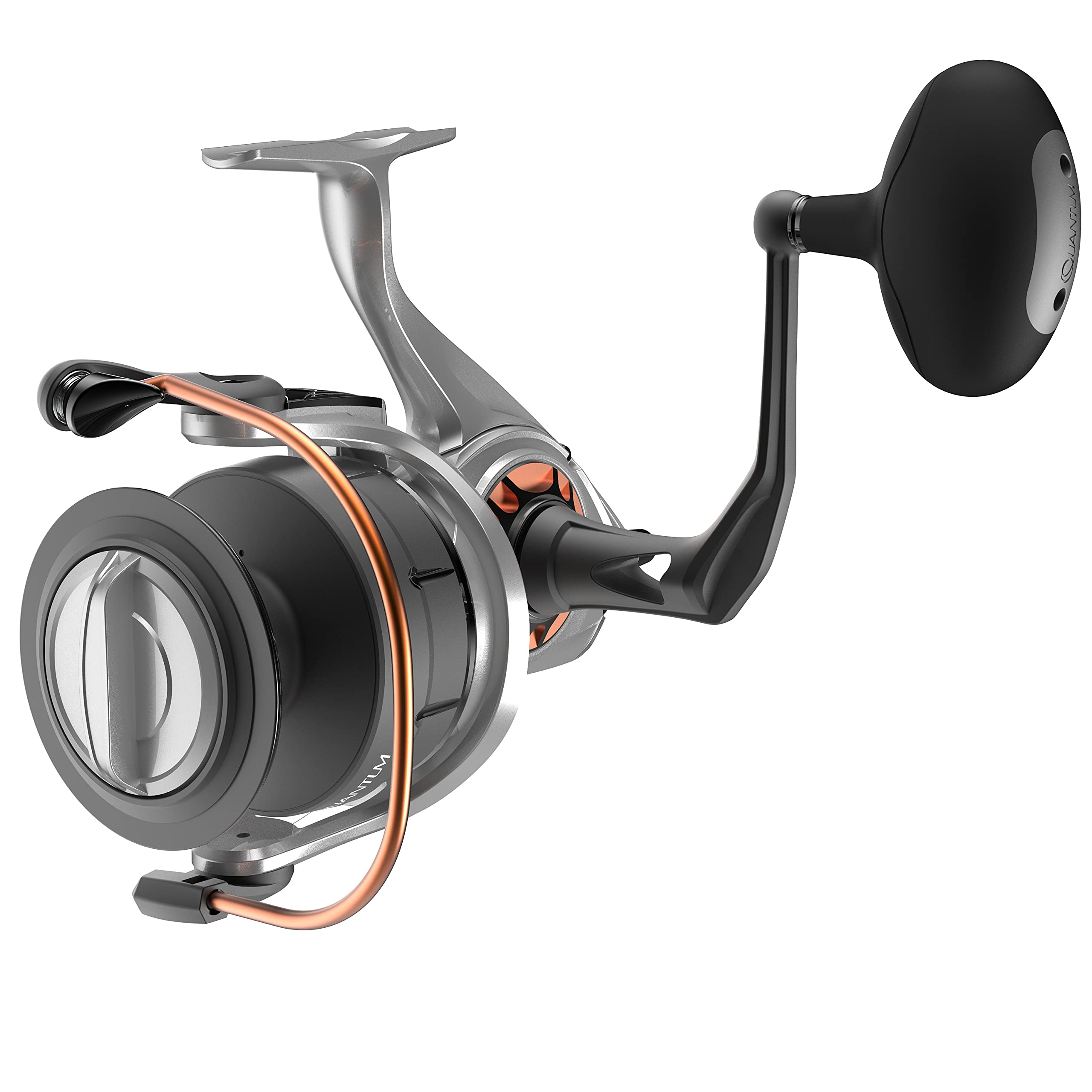 Quantum Reliance reel body shows rugged aluminum construction for durability.