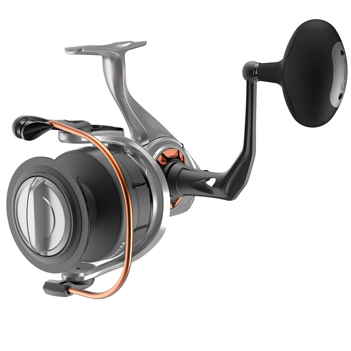 Quantum Reliance reel body shows rugged aluminum construction for durability.