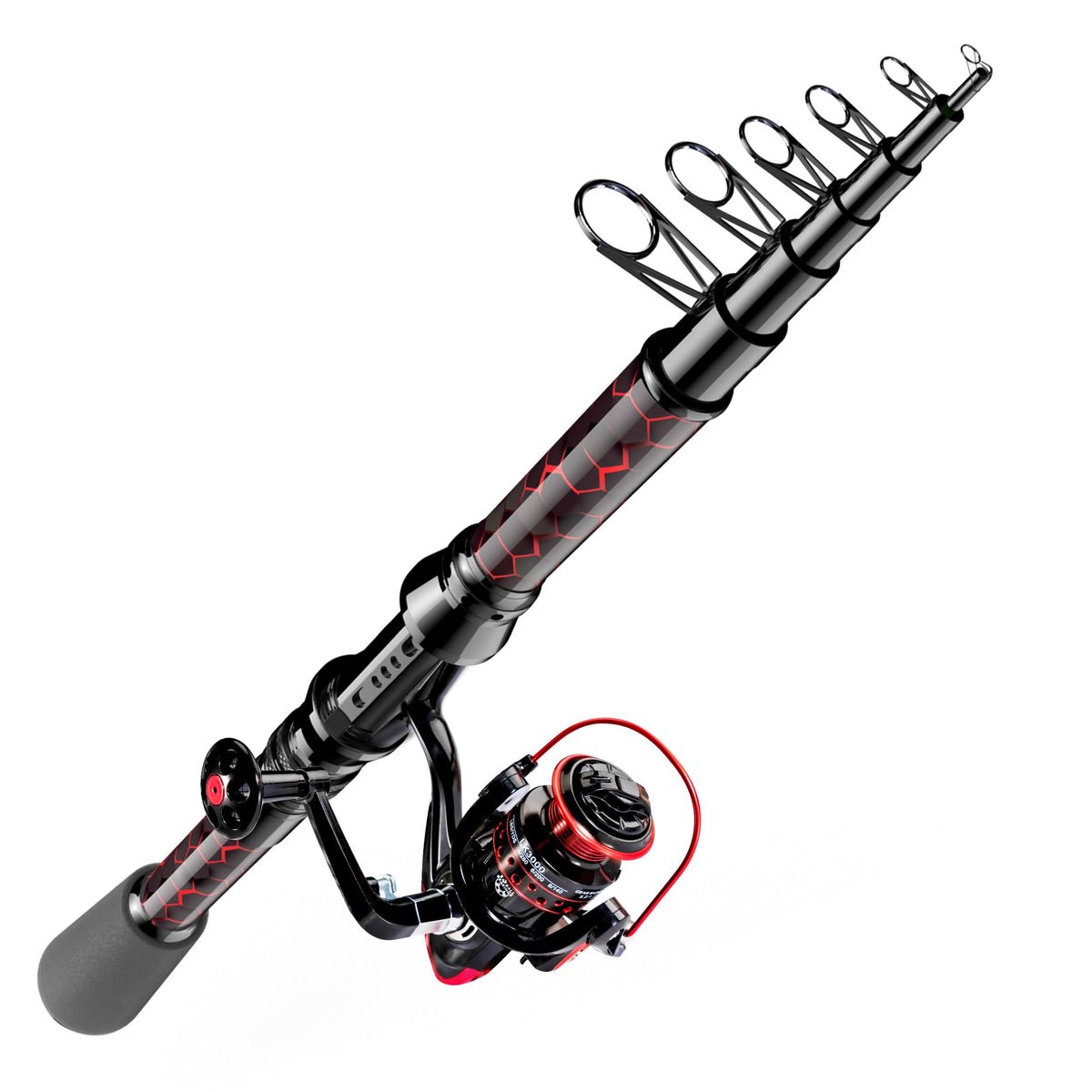 QudraKast blaze-pattern rod-reel combo boosts casting confidence.
