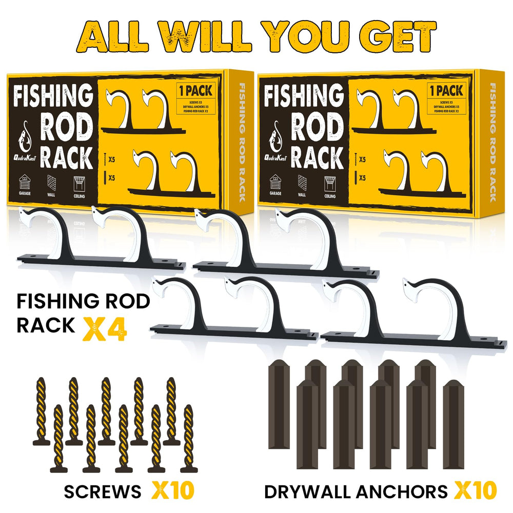 Two-pack of QudraKast rod holders for garage organization