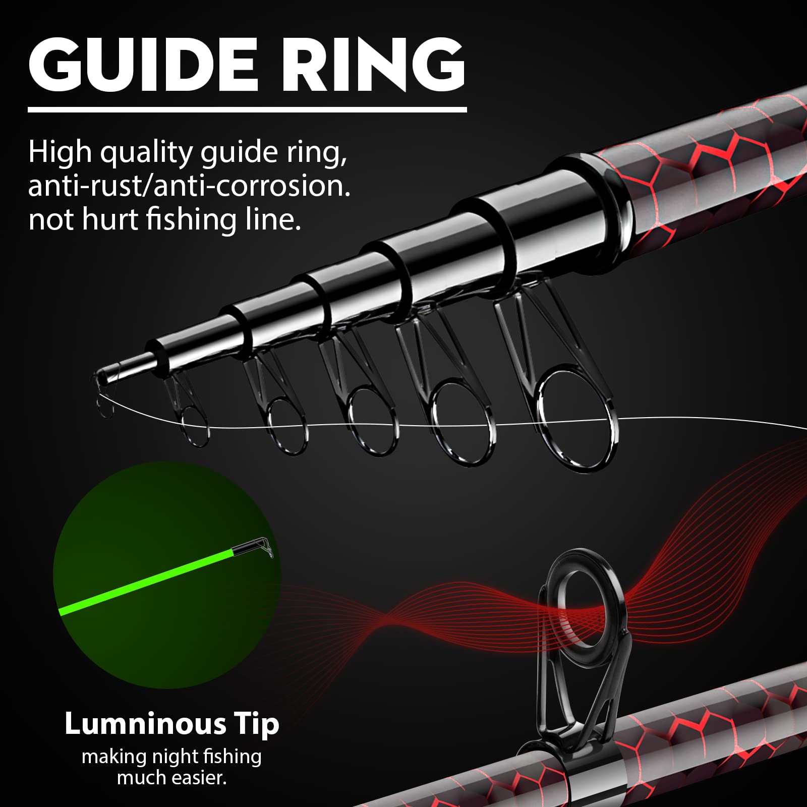 QudraKast white-tip at rod end for enhanced bite visibility in low light
