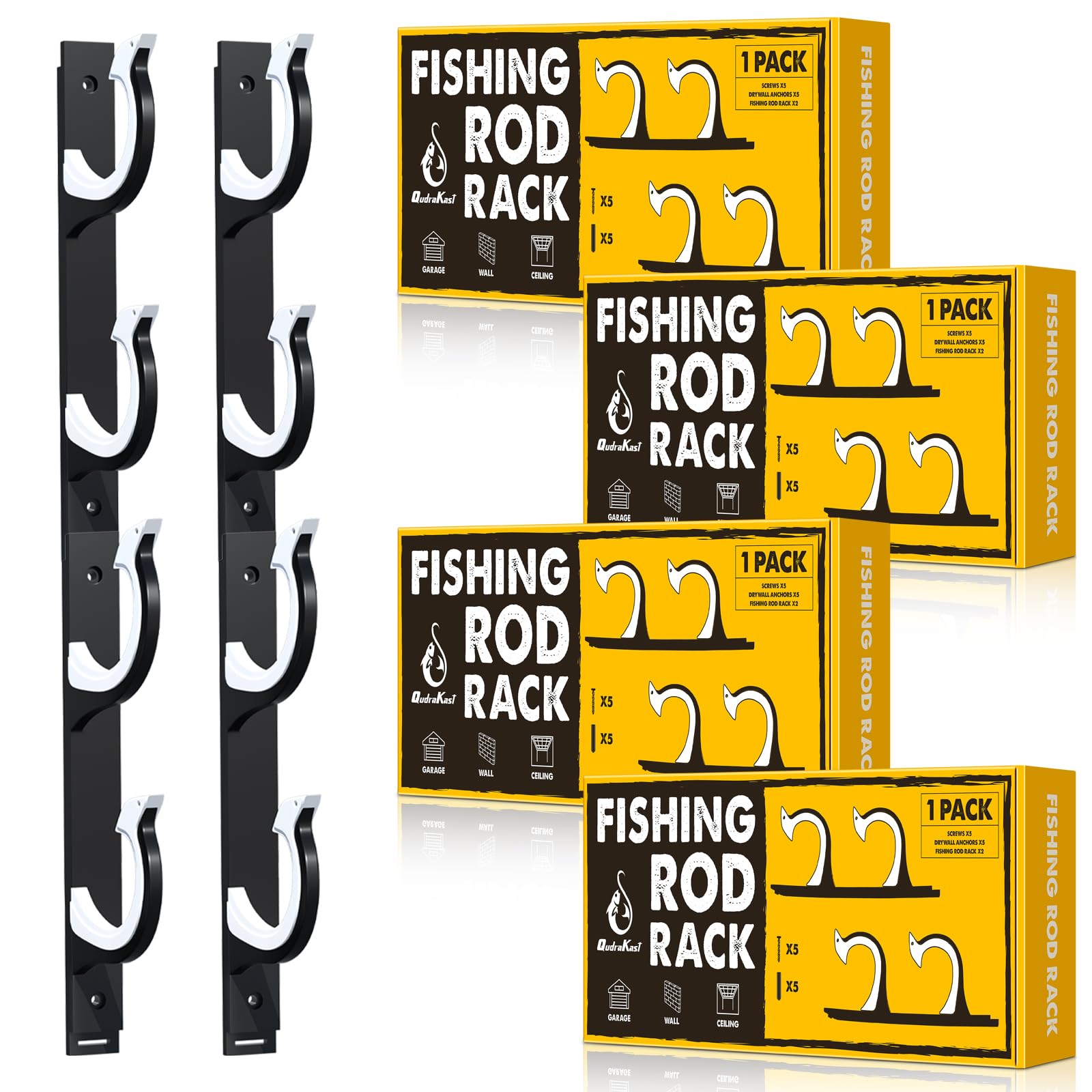 QudraKast horizontal fishing rod holder mounted on garage wall