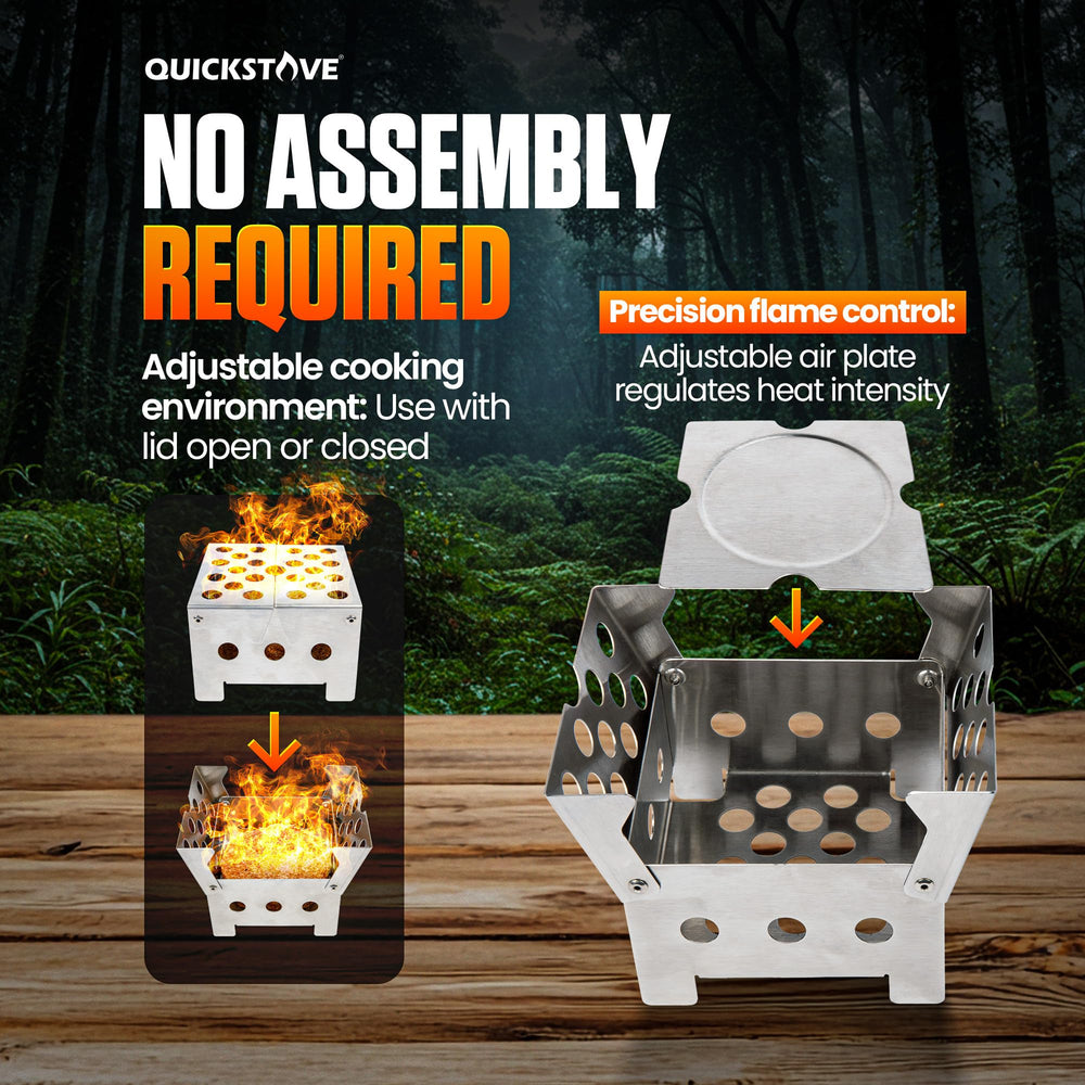 QuickStove 12 cooking positions fit various pots and grills.