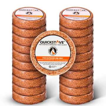 QuickStove fire starter disk demonstrates long burn for camping meals.