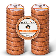 QuickStove fire starter disk demonstrates long burn for camping meals.