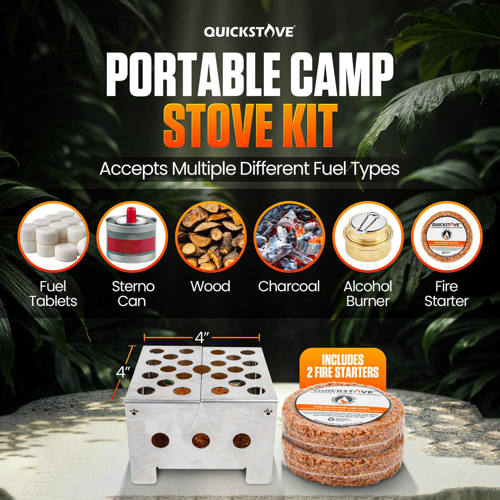 QuickStove multi-fuel stove offers flexibility with wood, charcoal, or tablets.
